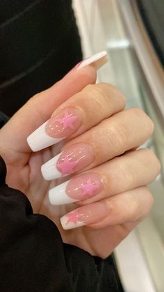 Gel X Nail Inspo Square, Cute Nails With Stars, Pink Nails Stars, Coffin Star Nails, Pink Stars Nails, Star Nails Square, French Tip Nails With Stars, French Tip Star Nails, Nail Inspo Stars