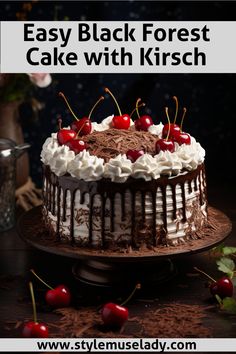 an easy black forest cake with kirsch frosting and cherries