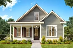 a small gray house with white trim and windows