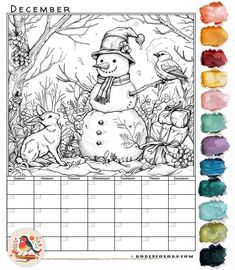 a calendar with an image of a snowman and two birds in the forest, surrounded by colored crayons