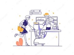 two people are shopping in the store, one is pushing a cart and the other is running