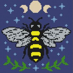 a cross stitch pattern with a bee on it's back and stars in the background