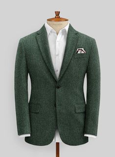 For nothing less than an incredibly dapper look, opt for our finely tailored Haberdasher Green Tweed Suit. Crafted from wool, this green suit is a great choice for both formal and casual looks, so you'll be sure to have a stylish outfit option whenever you attend a special occasion.  Look Includes   Haberdasher Green Tweed Fabric  Two Button Jacket Style  Notch Lapel  Horn Royal Black Buttons  Single Vent  Three Cuff Buttons  Two Welted Back Pockets on Trousers    Click 'Customize Now' to modify Formal Tweed Blazer With Suit Collar, Tailored Green Winter Suit, Green Notch Lapel Suit For Winter, Formal Tweed Sport Coat With Notch Lapel, Green Winter Suits With Suit Collar, Semi-formal Single Button Wool Tweed Jacket, Winter Formal Green Suits, Winter Green Formal Suit, Formal Wool Tweed Jacket With Single Button