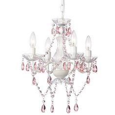 a white chandelier with pink crystal drops