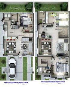 two story house plan with garage and living room