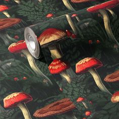 a close up of a wallpaper with red mushrooms and green leaves on the background