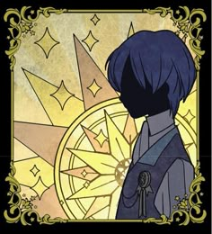 an anime character with blue hair standing in front of a stained glass window