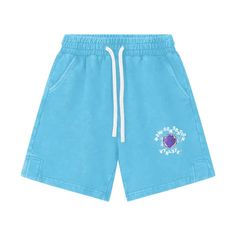 MOQ1 Blue Cotton Shorts With Letter Print, Blue Letter Print Shorts, Blue Bottoms With Letter Print, Short Length, Blue Pants With Letter Print For Summer, Blue Letter Print Short Bottoms, Light Blue Cotton Sporty Pants, Summer Blue Pants With Letter Print, Casual Cotton Bottoms For Playwear, Light Blue Sporty Cotton Pants