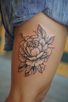 A detailed black and gray peony tattoo on a person's thigh. Daisy And Peony Tattoo, Woman Flower Tattoo, Blooming Flower Tattoo, Black And White Floral Tattoo, White Floral Tattoo, Daisy Chain Tattoo, Jasmine Tattoo, Peony Flower Tattoos, Floral Mandala Tattoo