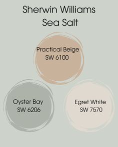 three different shades of white, brown and gray paint with the words sherylin williams sea salt