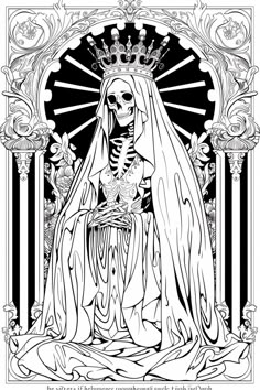 a black and white drawing of a skeleton bride