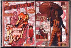 an open book with images of women in red and orange clothing, holding umbrellas