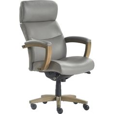 a grey office chair with wooden arms and wheels