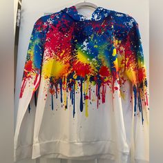 Never Worn Paint Splatter Hoodie. Super Cute For Kids! Size 13/14 Playful White Hoodie For Streetwear, Playful White Hoodie With Drawstring Hood, White Graffiti Print Hoodie Sweatshirt, White Hoodie Sweatshirt With Graffiti Print, White Fun Winter Hoodie, Fun White Winter Hoodie, Fun White Hoodie For Fall, Shein Shirts, Paint Shirt