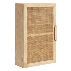 a wooden cabinet with rattan doors on the front and bottom, against a white background