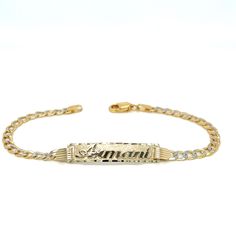 Cherish the Moment with our 14k Yellow Gold Kids and Baby ID Bracelet: Crafted in the timeless Solid Cuban Pave Link style, this bracelet is a symbol of elegance and love.  We believe in the power of personalization. Your child's name is expertly cut from solid 14k Gold and elegantly overlaid on the bracelet, creating a one-of-a-kind accessory. Additionally, you have the option to engrave a significant date on the back of the nameplate, transforming this bracelet into a cherished keepsake.  Whether it's a birth, a baptism, or simply an expression of love, this 14k Gold Kids ID Bracelet is a heartfelt and timeless gift that symbolizes the beauty of childhood and the joy of growing up. Order this beautiful bracelet today and look forward to receiving it within 4 business days within the U.S. Mexican Gold Bracelets With Name, Mexican Name Bracelets Gold, Classic Gold Name Bracelet With Jubilee Design, Luxury Gold Name Bracelet Tarnish Resistant, Fine Jewelry Diamond Cut Bracelets For Anniversary, Luxury Engraved Diamond Bracelet As Gift, Elegant Personalized Gold Chain Bracelet, Luxury Engraved Diamond Bracelet Gift, White Gold Diamond Cut Bracelet For Anniversary