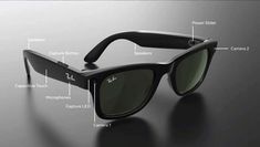 the parts of a pair of sunglasses on a black surface with text describing their features