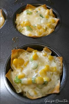 three muffin tins filled with different types of food