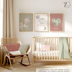 a baby's room with pink, green and white prints on the wall next to a rocking chair