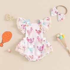 Rooster Print Baby Romper - Momorii Summer Floral Print Bubble Romper For Playdate, Playful Floral Bubble Romper For Playwear, Cartoon Rooster, Cotton Floral Print Bubble Romper For Playwear, Summer Outfit Accessories, Pink Floral Print Bubble Romper For Playtime, Chic Romper, Rooster Print, Chicken Print