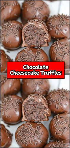 chocolate cheesecake truffles are stacked on top of each other