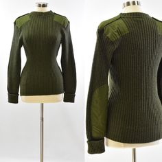 "Free Shipping. Free Returns. Everyday.* * 36\" chest * 25\" length Excellent pre-owned vintage condition. There have been repairs to the inside neckline but these are not noticeable on the outside. Fits like a US modern size: M (see size chart in photos) Vintage tag size: 100 cm Olive green commando sweater, military sweater Crew neck Tonal fabric shoulder & elbow patches Cuffed sleeves There is some stretch to the fabric" Sweater With Elbow Patch, Commando Sweater, Elbow Patch Sweater, Womens Pullover Sweaters, Photos Vintage, Vintage Military, Pullover Sweater Women, Elbow Patches, Red Wool