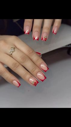 Red Frenchies ❤️ Red French Nails With Design, Short Acrylic Nails Red French Tip, Red French Tip Manicure, Pearl And Red Nails, Short Red Gel Nail Designs, Cute Red French Tip Nails, Red Nails Christmas Simple, Red French Tip Designs, Red French Tips Short