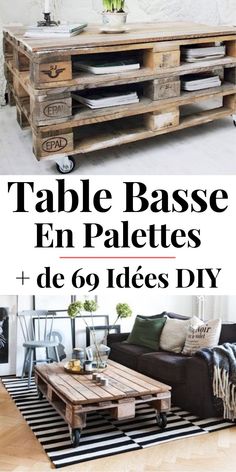 the table base is made from pallets and has wheels