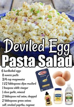 the ingredients for deviled egg pasta are shown in this advertise, which includes eggs