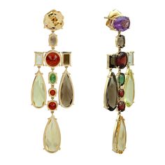 Adorn yourself with vibrant elegance in 18K Yellow Gold Mix -Gemstone Rainbow Color Designer Chandelier Earrings. The intricately designed chandelier earrings showcase a myriad of colorful gemstones, creating a stunning display of hues. This piece is a celebration of joy and sophistication, adding a lively and luxurious touch to any ensemble. This Earrings is handmade in 18k Yellow Gold : 10. 312 grams , and Citrine : 8. 774 cts ,Quartz Smoky: 8. 867 cts , Quartz :12. 178 cts ,Garnet : 6. 47 cts Elegant Multicolor Gemstone Chandelier Earrings, Elegant Multicolor Earrings, Elegant Multicolor Chandelier Earrings For Celebration, Elegant Gemstone Chandelier Earrings With Long Drop, Elegant Long Drop Gemstone Chandelier Earrings, Elegant Long Drop Chandelier Earrings With Gemstone, Elegant Yellow Gold Chandelier Earrings With Gemstones, Elegant Briolette Gemstone Chandelier Earrings, Luxury Yellow Gold Drop Chandelier Earrings