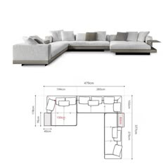 the sectional couch is shown with measurements for each seat and back side, as well as its