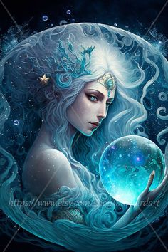 a painting of a woman holding a crystal ball in her hands with stars on it