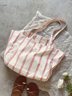 Elena Handbags Striped Cotton Canvas Shoulder Bag Summer Shoulder Bag With Striped Lining For Everyday, Red Cotton Canvas Bag For Summer, Summer Red Cotton Canvas Bag, White Cotton Bag With Canvas Lining, White Cotton Bags With Canvas Lining, Cotton Tote Bag With Striped Lining, Everyday Striped Canvas Bag, Everyday Tote Canvas Bag With Striped Lining, Tote Bags With Striped Lining For Everyday Use