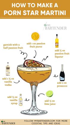 Unleash the allure of our Porn Star Martini recipe! 🍸✨ Crafted with passion fruit vodka, vanilla syrup, and fresh passion fruit, this seductive cocktail is both sweet and tangy. Shake it up, strain, and present with a side shot of Prosecco to experience the full glamorous effect. #PornStarMartini Passion Fruit Martini Recipe, Coctails Recipes Sweet, Passion Fruit Cocktail Recipes, Types Of Martinis, Passion Fruit Cocktail, Passionfruit Martini, Vanilla Cocktail, Passion Fruit Martini, Bartender Drinks Recipes