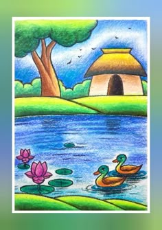 a drawing of two ducks swimming in a pond with lily pads and a hut on the other side