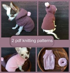 four pictures showing how to knit a dog sweater