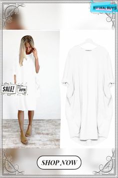 Women's Casual Loose Pocket Long-sleeved Plus-size Dress Solid Color Summer Dresses With 3/4 Sleeves, Summer Dresses With 3/4 Sleeves In Solid Color, Casual Solid Color Dress With 3/4 Sleeves, Casual Solid Color 3/4 Sleeve Dress, Casual Solid Color Dresses With 3/4 Sleeves, Oversized Crew Neck Dress For Spring, Casual 3/4 Sleeve Solid Color Dress, White Long Sleeve Plain Dress, Dresses With Rolled Sleeves For Spring