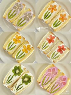 four slices of cake with flowers on them