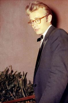 a man in a suit and bow tie standing next to a potted plant with green leaves