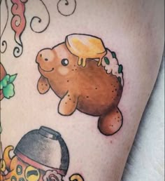 Tattoo Matching Kawaii Tattoos, Random Fun Tattoos, Food Animal Tattoo, Kawaii Animal Tattoo, Weird Unique Tattoos, Funny Food Tattoos, Millennial Tattoos, Childish Tattoos, Squishmallow Tattoo