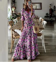 Trizchlor Women Floral Print Long Dress Summer Casual V-Neck Half Sleeve Loose Big Swing Dress Female Vintage Bohemian Beach Maxi Dresses Size（inch） Length Bust S 56.69 35.43 M 57.09 37.01 L 57.48 39.37 XL 57.87 41.73 XXL 58.27 44.09 3XL 58.66 46.46 4XL 59.06 48.82 5XL 59.45 51.18 Flower Print Long Dress, Flowing Summer Dresses, Flower Skirt, Manama, Bohemian Beach, Full Length Dress, Vestido Casual, Women's Wear, Lantern Sleeves