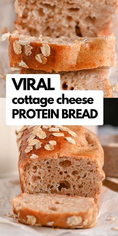 two slices of bread sitting on top of each other with the words virtual cottage cheese protein bread