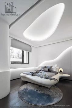 a modern bedroom with white walls and ceiling lights