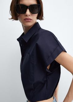 100% cotton crop shirt - Women | Mango USA Chic Cropped Shirt With Pockets For Work, Cropped Cotton Workwear Shirt, Classic Cropped Shirt With Pockets For Work, Chic Cropped Button-up Shirt With Pockets, Chic Button-up Cropped Shirt With Pockets, Cotton Cropped Shirt With Pockets, Chic Cropped Cotton Shirt, Chic Cropped Shirt With Pockets, Button-up Cropped Shirt With Pockets For Work