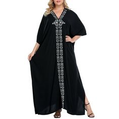 HDE's maxi kaftan beach dress is a versatile summer vacation must-have, perfect for women of all different sizes. Designed to be oversized, breezy, and relaxed feeling when you're out in the sun. The loose sleeves and loose cut will make you look slimmer and let you feel sophisticated on your next vacation getaway. You also don't have to worry about skin damage because our caftan / kaftan beach cover up offers UPF 30+ to protect your skin. Be a stunner at the beach or by the pool with a pop of 1 Black Kaftan For Beach And Summer, Long Maxi Dress For Beach Vacation, Flowy Long Abaya For Vacation, Oversized Long Maxi Dress For Beach, Summer Beach Abaya In Free Size, Black Beach Kaftan For Beach Season, Black Summer Kaftan For Beach, Beach Abaya Free Size Maxi Length, Comfortable Long Dresses For Vacation