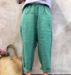 simplelinenlife-Linen-Summer-Wide-Legs-Women-Casual-Pants Relaxed Baggy Harem Pants For Spring, Casual Green Harem Pants For Summer, Comfortable Linen Harem Pants For Spring, Relaxed Green Summer Pants, Relaxed Green Bottoms With Pockets, Relaxed Green Pants For Summer, Comfortable Green Ankle-length Pants, Comfortable Solid Color Spring Harem Pants, Comfortable Solid Color Harem Pants For Spring