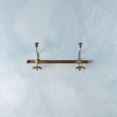 two brass - plated hooks hang from the ceiling