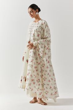 Ivory cotton mal anarkali with floral embroidery, mirror highlights. Paired with a scallop trimmed pant and dupatta with floral prints. - Aza Fashions Off White Anarkali Set With Floral Embroidery For Festivals, Spring Chanderi Anarkali Set With Mirror Work, Spring Anarkali Set With Mirror Work And Straight Kurta, Spring Anarkali Salwar Kameez With Mirror Work, Off White Anarkali Set With Floral Embroidery, Off White Cotton Dupatta With Printed Motifs, Traditional Spring Anarkali Set With Mirror Work, Spring Cotton Silk Anarkali Set, Spring Anarkali Set In Cotton Silk