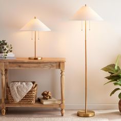 two floor lamps sitting on top of a wooden table next to a potted plant