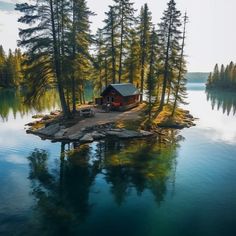 an island in the middle of a lake with a cabin on it's side